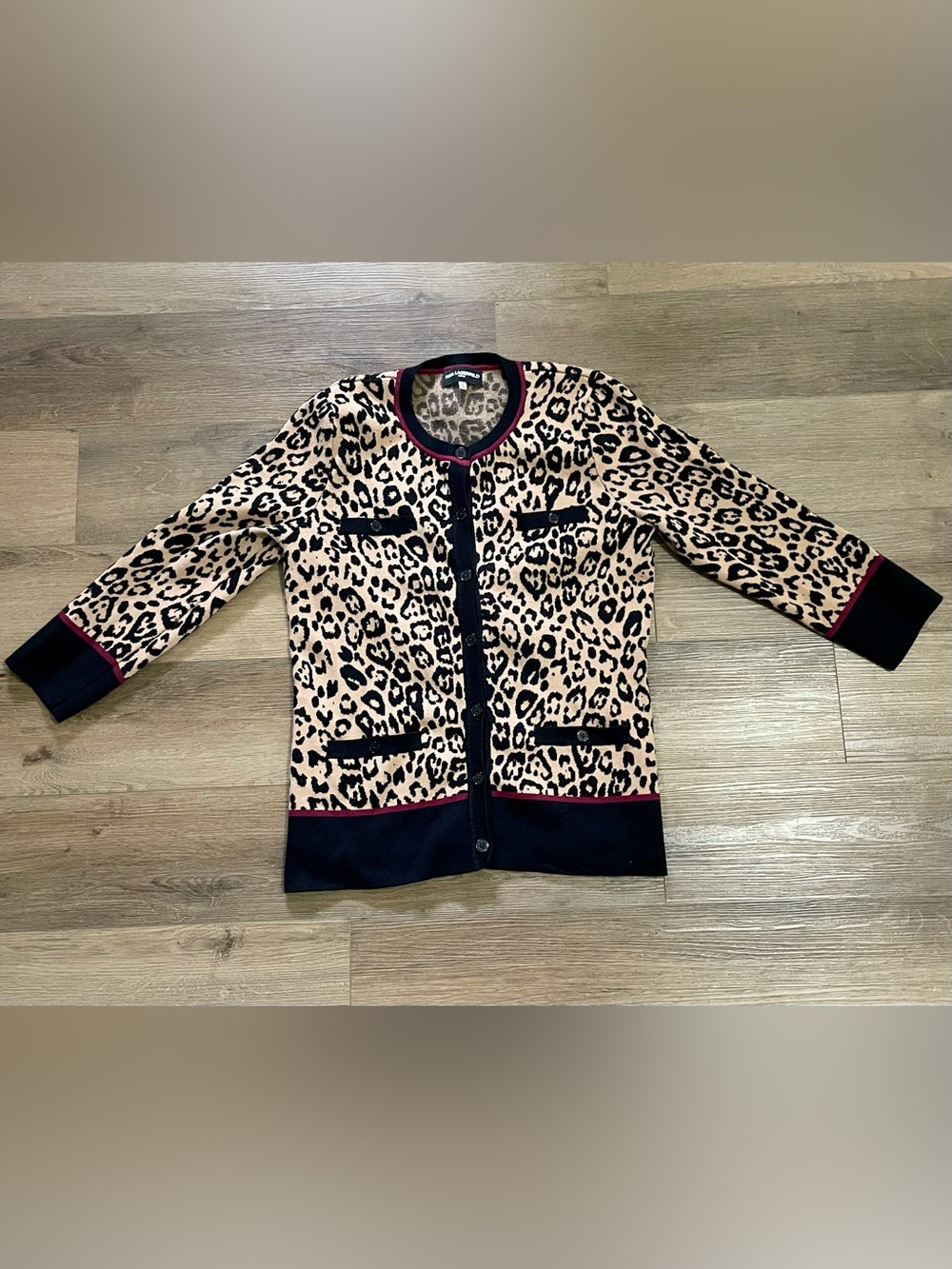 Karl Lagerfeld Leopard-Print Cardigan in Tan, Black & Red